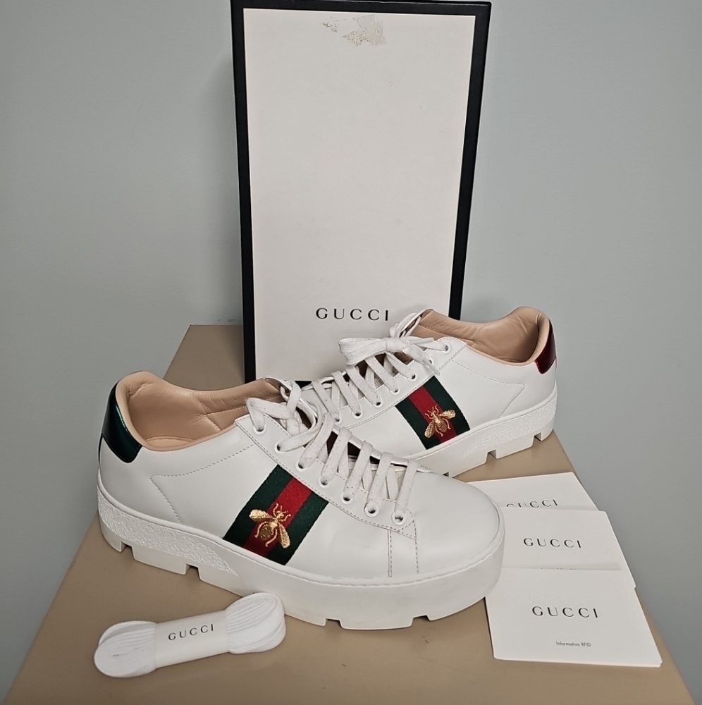 GUCCI ACE WEB BEE PLATFORM SNEAKERS WOMENS Size 40 (9/9½)  577573